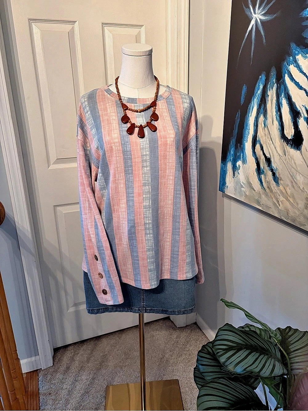 Truself Striped Long Sleeve Top in Pink & Blue Size XL